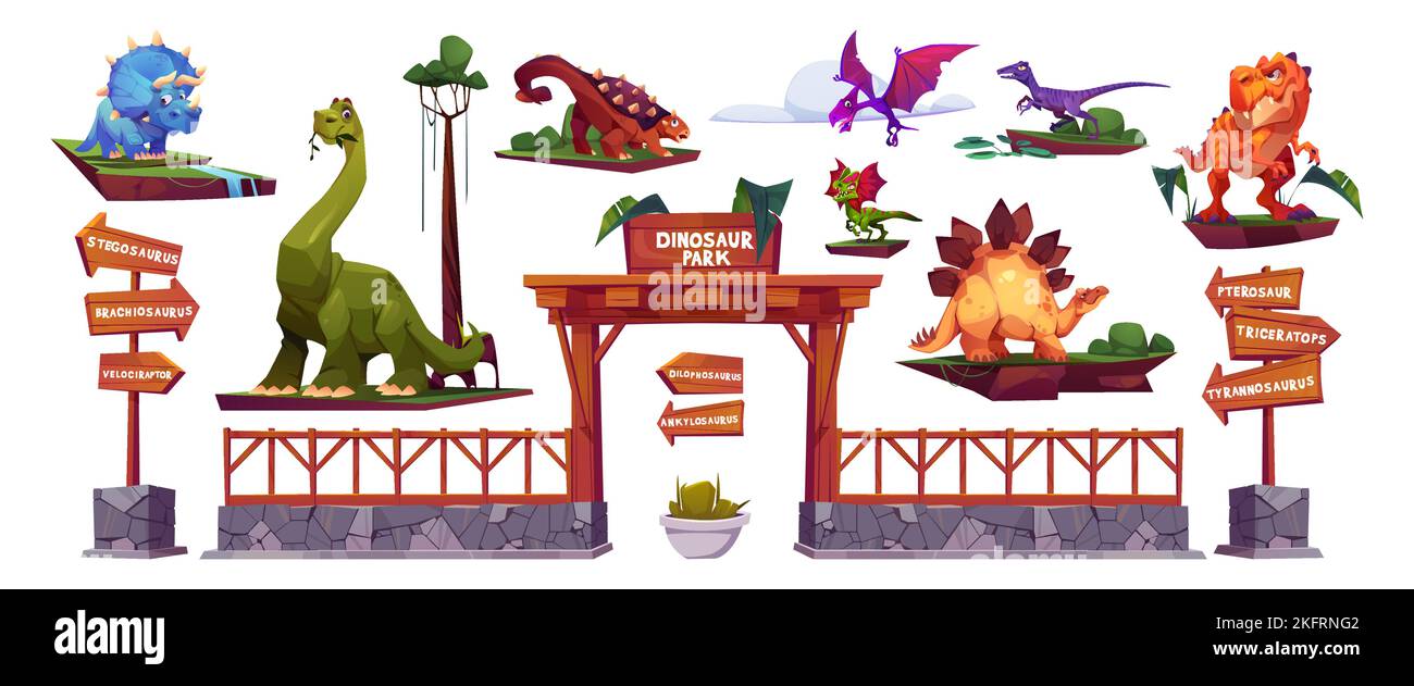 Dinosaurier Park Cartoon-Figuren, Pfeil-Schilder und Tore. Stegosaurus, Tyrannosaurus, Diplodocus und Triceratops, Pterodactyl, Brachiosaurus oder ve Stock Vektor