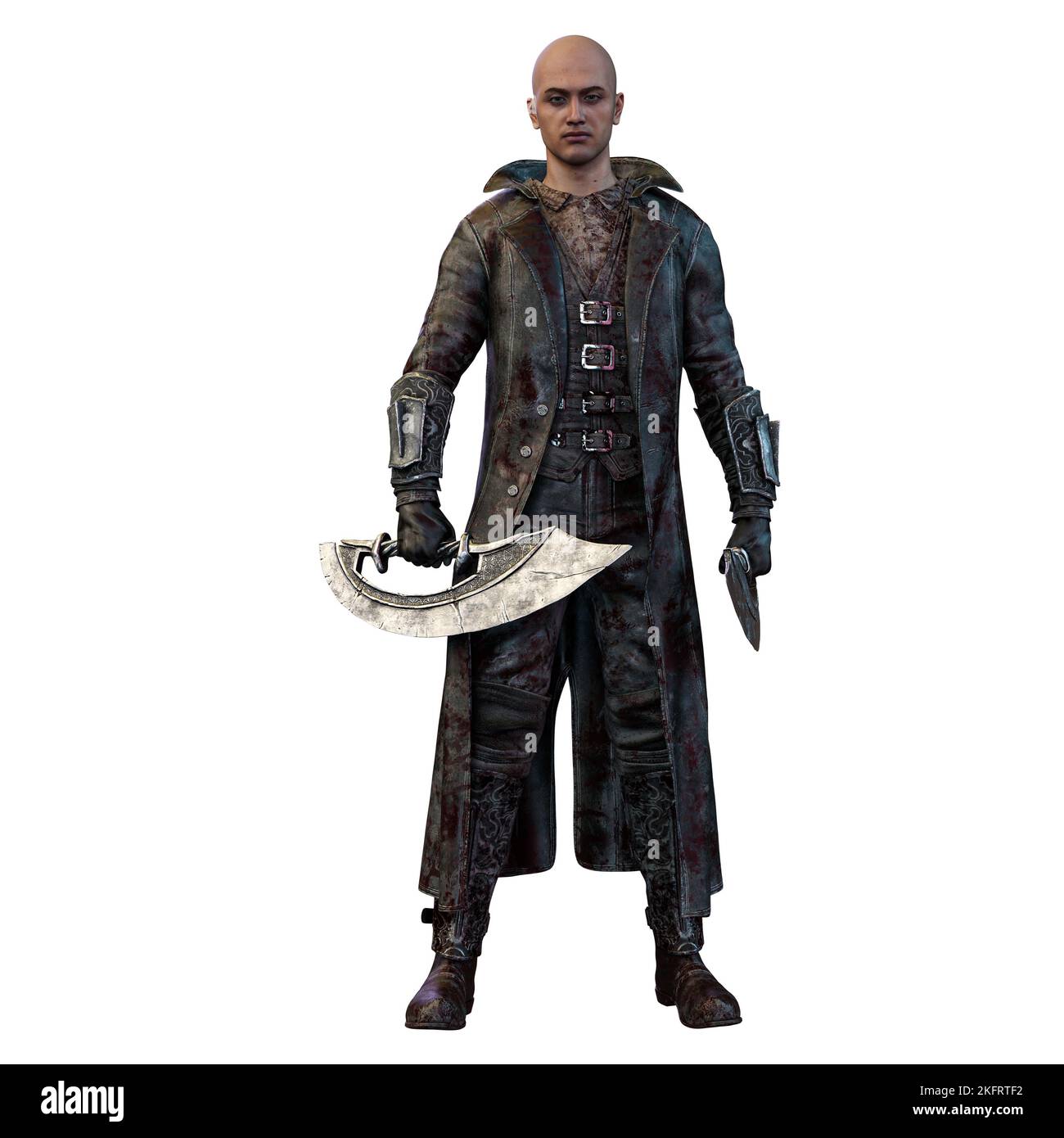 Epischer Fantasy-Mann in einer langen Jacke mit Waffen, 3D-Illustration, 3D-Rendering Stockfoto