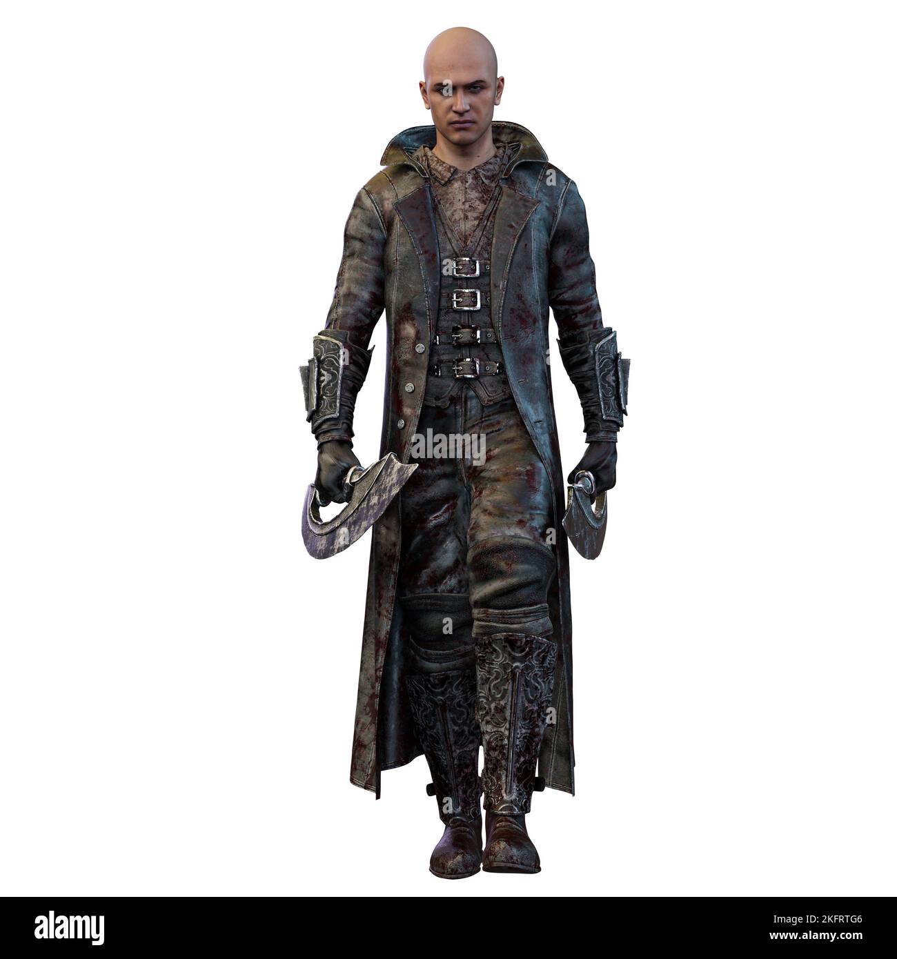 Epischer Fantasy-Mann in einer langen Jacke mit Waffen, 3D-Illustration, 3D-Rendering Stockfoto
