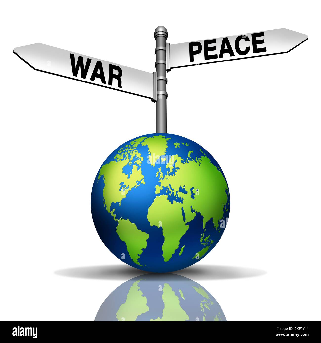 Globaler Krieg oder Frieden als Konflikt versus Diplomatie mit der Welt und Straßenschildern, die in verschiedene geopolitische Richtungen gehen, als Metapher Stockfoto