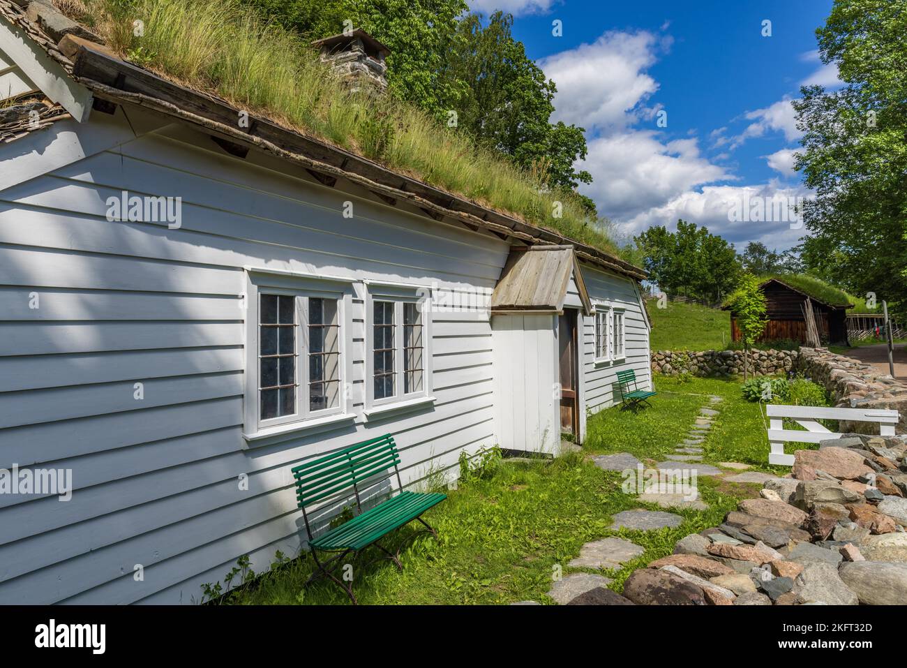 Historische Häuser am Norsk Folkemuseet, Oslo, Norwegen, Europa Stockfoto
