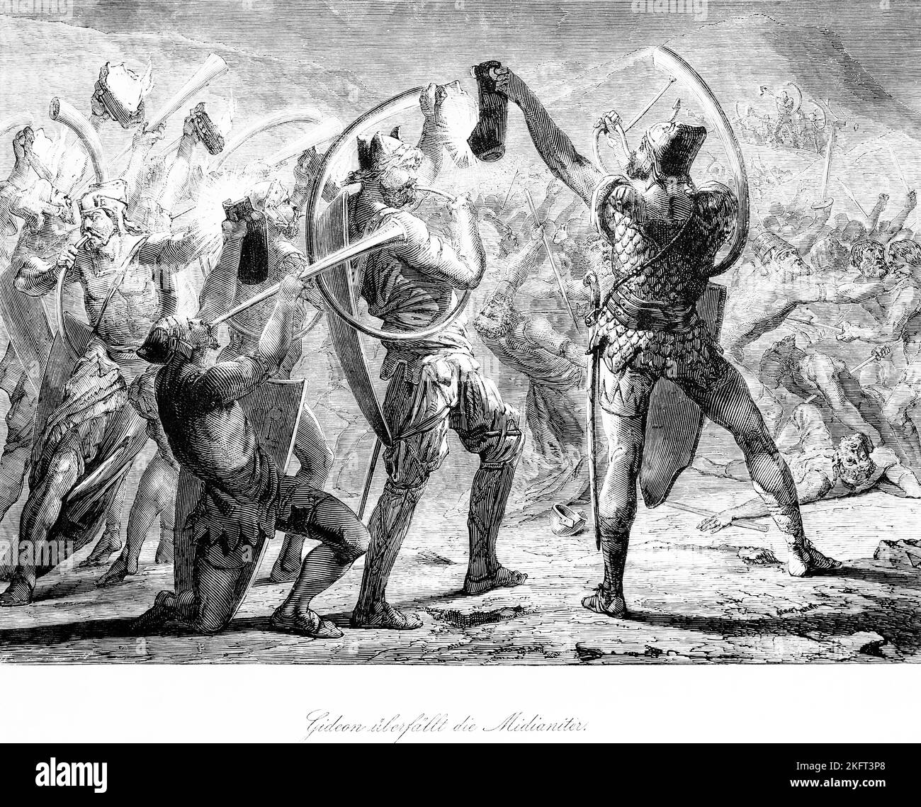 Gideon überfällt die Midianiten, überfällt, kämpft, Menge, Krieger, Soldaten, Tod, Leiden, Waffen, Schwerter, Trompeten, Horn, Bibel, Altes Testament, Buch von Stockfoto