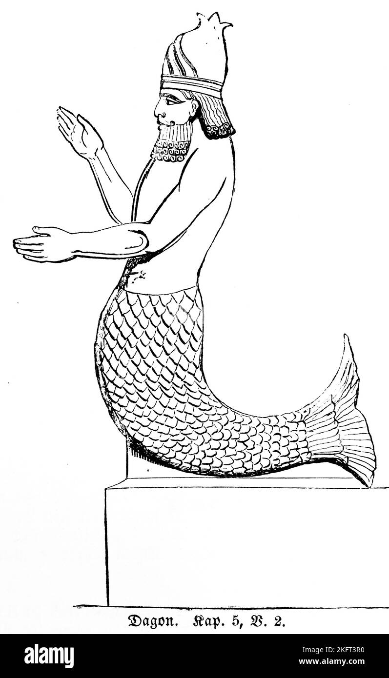 Dagon, Bundeslade, Figur, Mensch, Fisch, Schuppen, Fischschwanz, göttlich, Anbetung, Idol, Bibel, Altes Testament, erstes Buch von Samuelis, Kapitel 5, ve Stockfoto