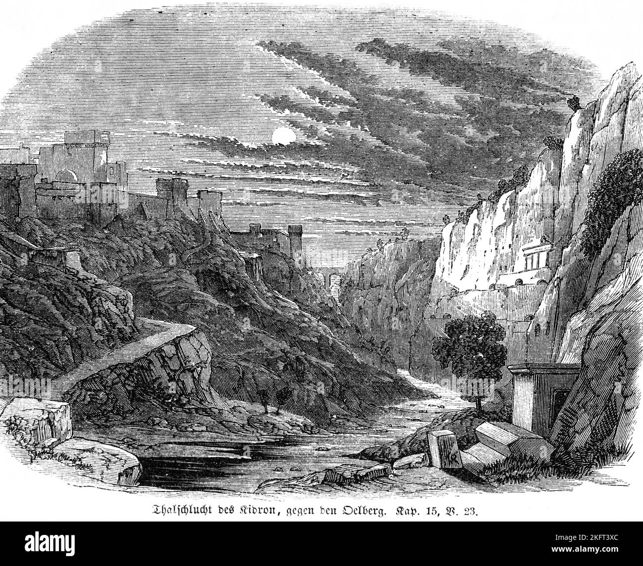 Kidron Schlucht gegen den Oelberg, Fluss, Tal, Schlucht, steil, Felsen, Stadtmauer, Ölberg, furt, Pfad, König David, Volk, Bibel, Altes Testament, Stockfoto