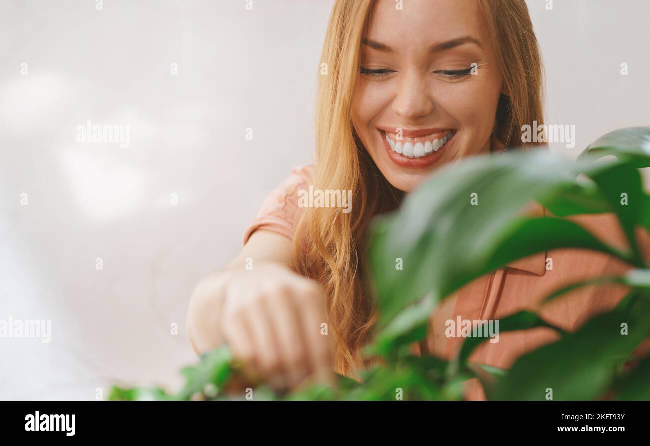 Junge, fröhliche Frau in legerer Kleidung, die im hellen Raum mit Topfpflanzen am Tisch sitzt Stockfoto