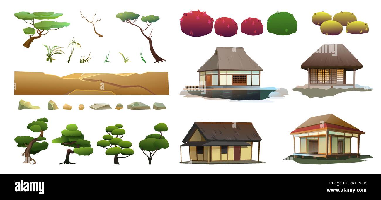 Set aus traditionellen japanischen Häusern mit Bäumen, Blumen und Steinen. Ländliche Wohnung mit Strohdach. Illustration Vektor Stock Vektor