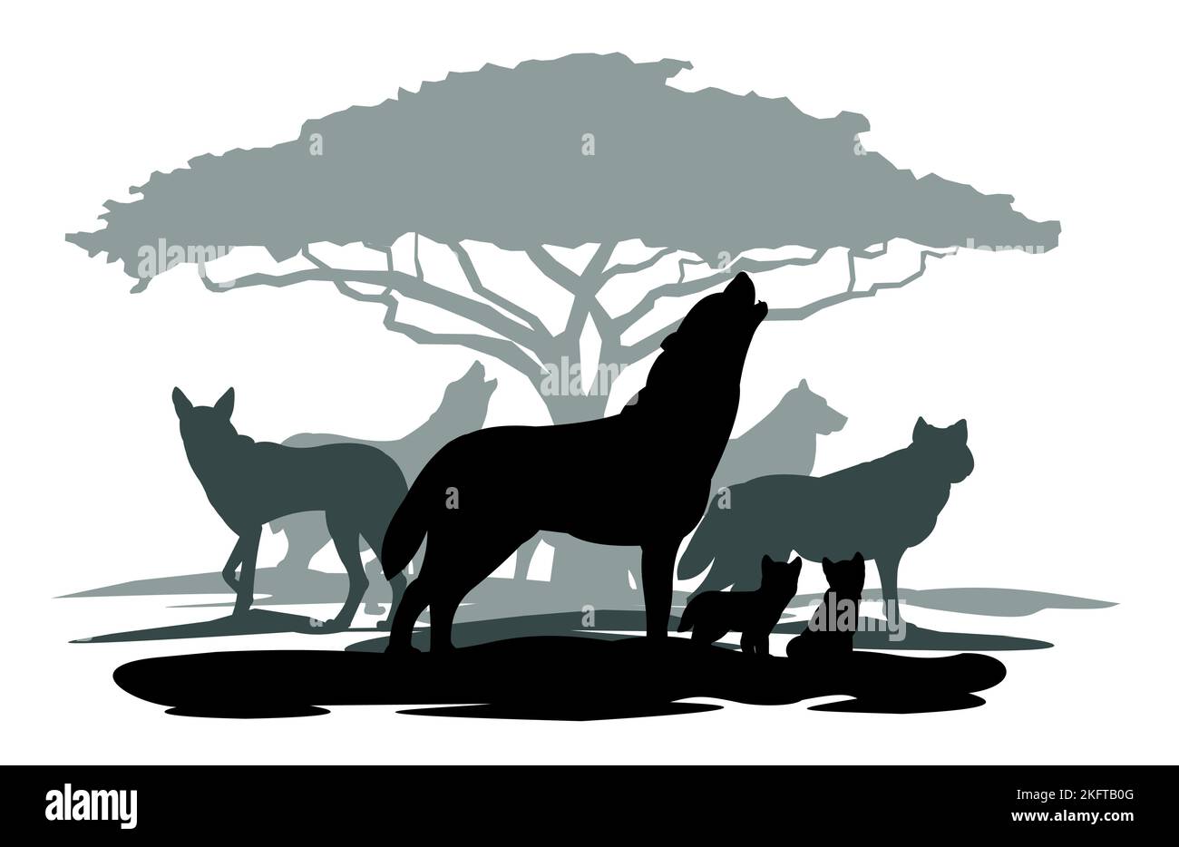 Wolf heult. Jungtiere und Wolf packen sich in der Nähe des Baumes. Silhouettenbild. Wildes Tier in der Natur. Predator unter natürlichen Bedingungen. Isoliert auf weißem Hintergrund. Vec Stock Vektor