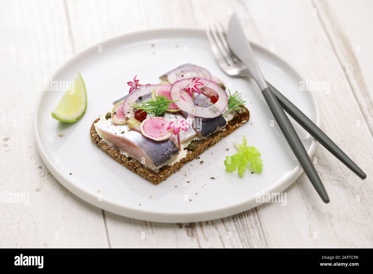 Eingelegter Hering Smorrebrod, dänisches Sandwich mit offenem Gesicht Stockfoto