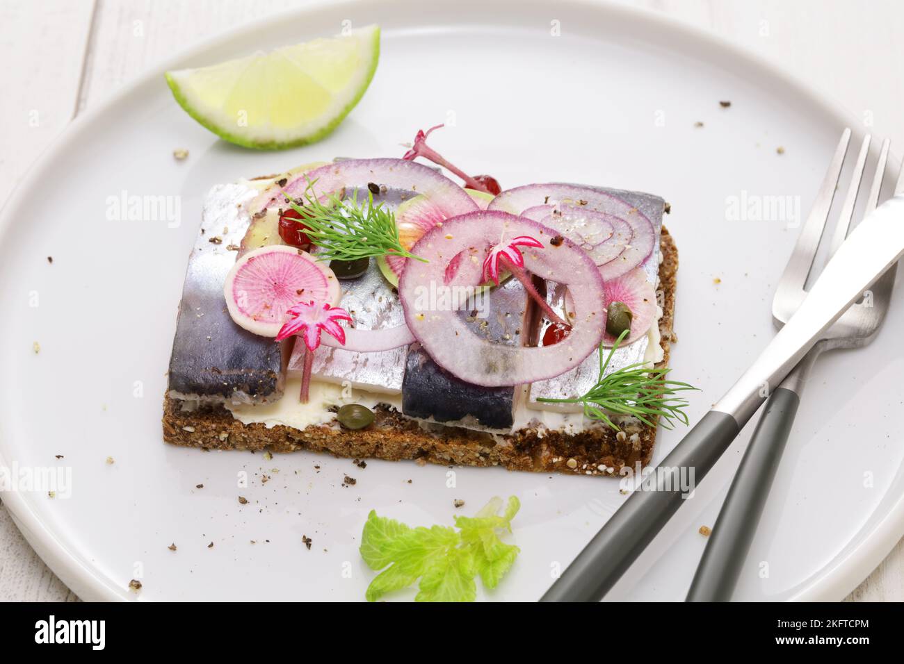 Eingelegter Hering Smorrebrod, dänisches Sandwich mit offenem Gesicht Stockfoto