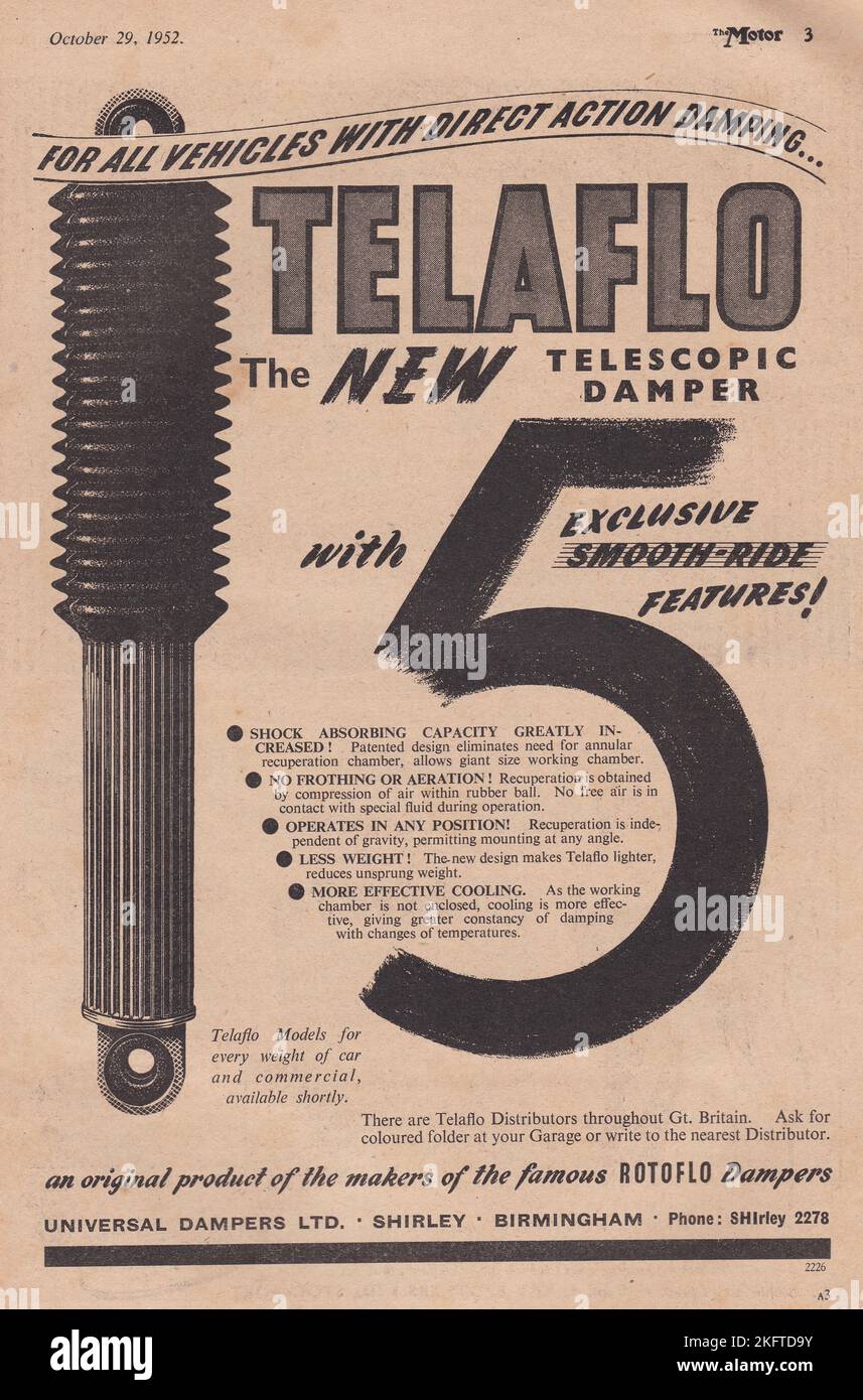 Universal Dampers Ltd - Telaflo Telescopic Damper Vintage-Werbung. Stockfoto