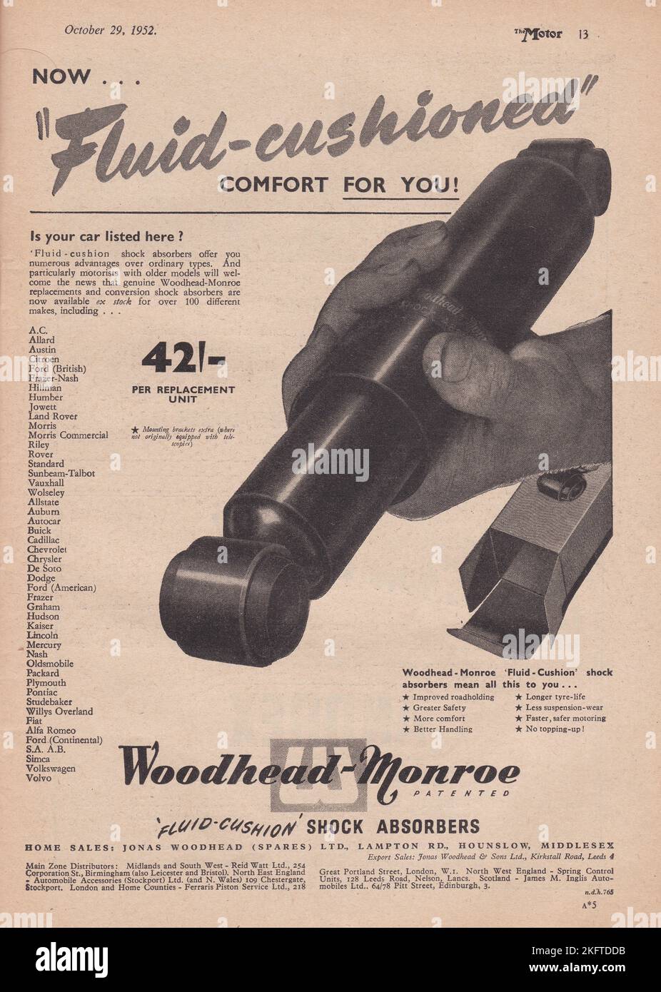 Woodhead-Monroe Fluid Cushion Stoßdämpfer - Jonas Woodhead Vintage-Werbung. Stockfoto