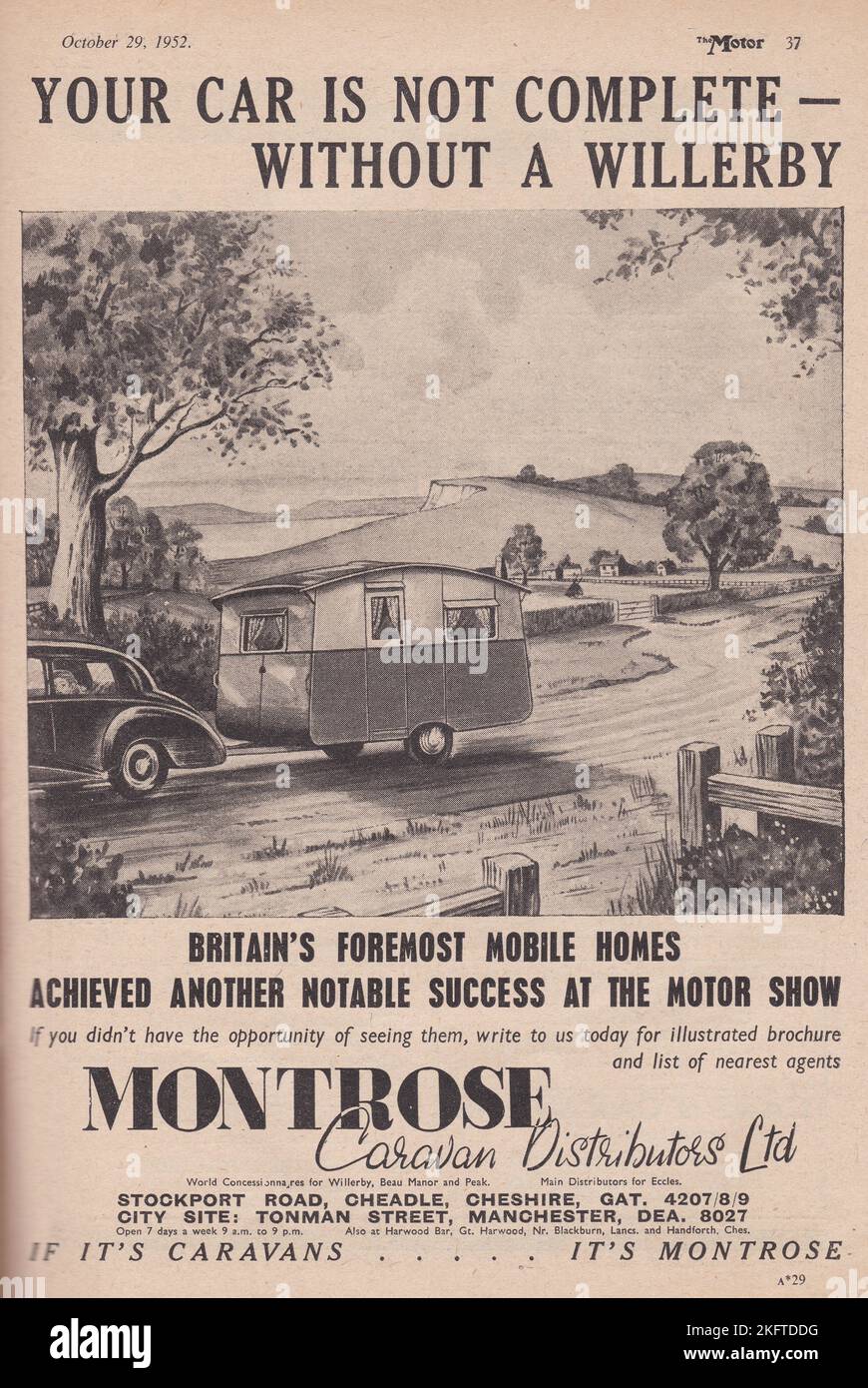 Montrose Caravan Distributors Ltd - Ihr Auto ist ohne eine Willerby Mobile Homes Vintage-Werbung nicht komplett. Stockfoto