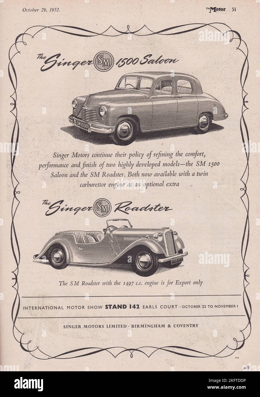 Singer Motors Ltd - die Singer 1500 Limousine und der Singer Roadster. Stockfoto