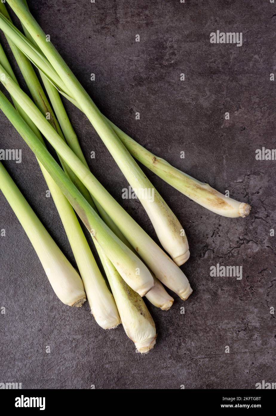 Frisches Lemongrass auf dunklem Hintergrund. Aromatisches Kraut. Tradizionale Medizin. Für duftende abweisende Kräuter. Draufsicht. Stockfoto