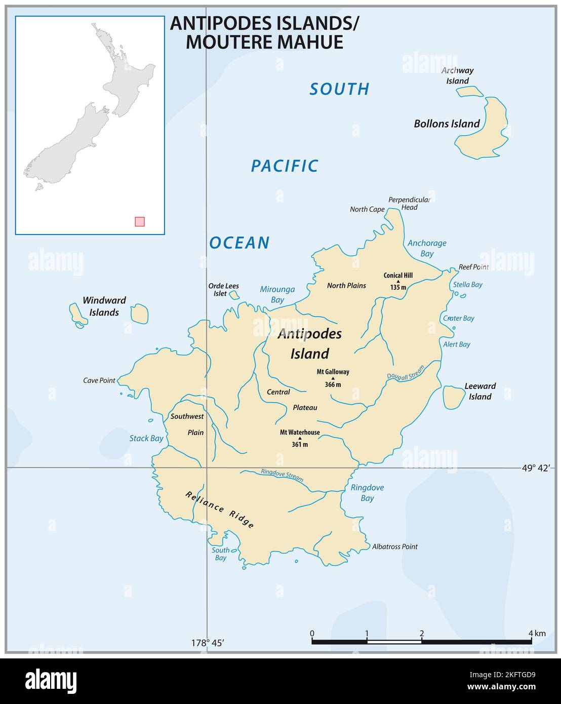 Karte der neuseeländischen Antipoden auf der Offshore-Insel Stockfoto