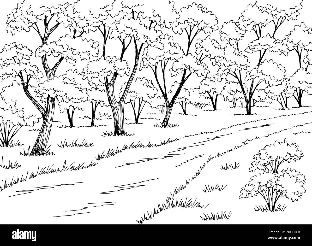 Wald Straße Grafik schwarz weiß Landschaft Skizze Illustration Vektor Stock Vektor