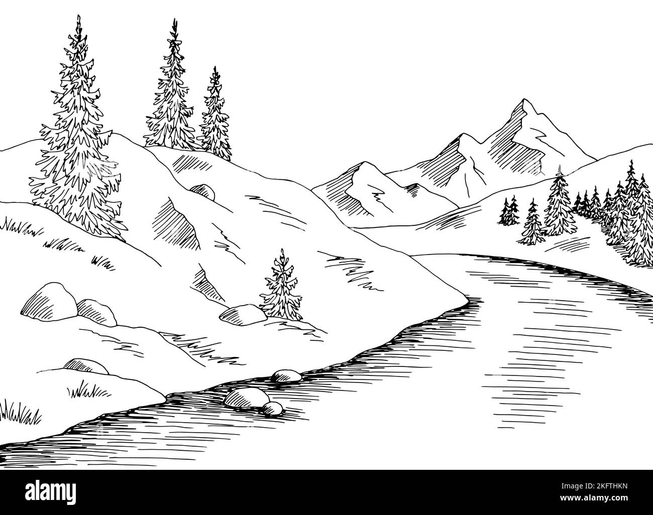 Mountain River Grafik schwarz weiß Landschaft Skizze Illustration Vektor Stock Vektor