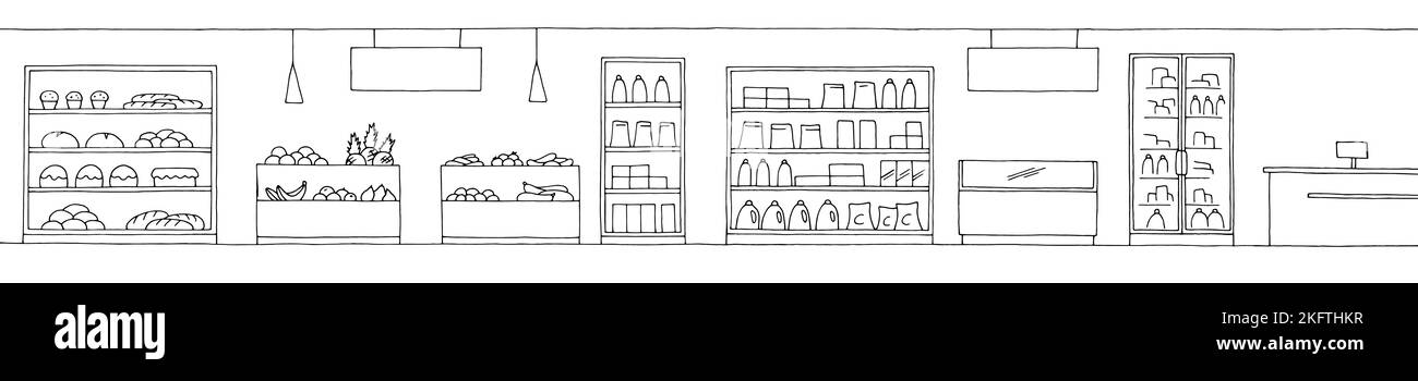 Lebensmittelgeschäft Shop Interieur schwarz weiß Grafik Skizze lange Illustration Vektor Stock Vektor
