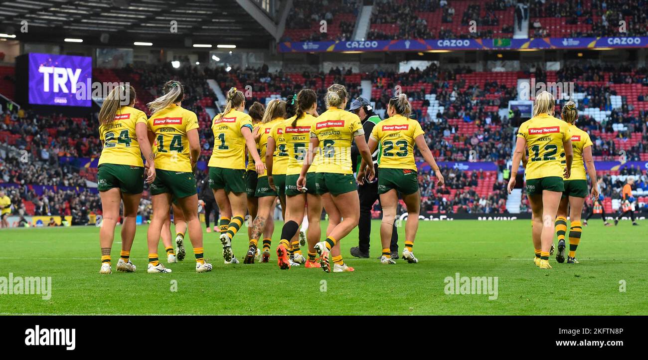 Manchester ENGLAND - NOVEMBER 19.das Australien Damen Team während des Rugby League World Cup Damen Finales zwischen Australien und Neuseeland am Old Trafford am 19. - 2022. November in Manchester England. Stockfoto
