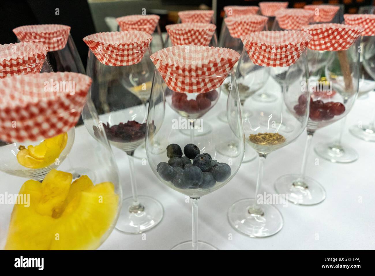 Sommeliers lernen Weinaromen aus echten Dingen oder Extrakten kennen. Stockfoto
