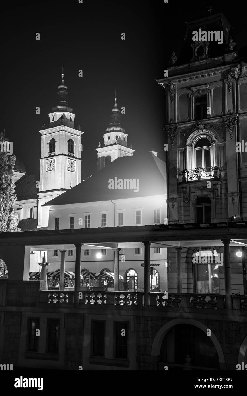 Kathedrale St. Nikolaus im Zentrum von Ljubljana bei Nacht, Slowenien Stockfoto