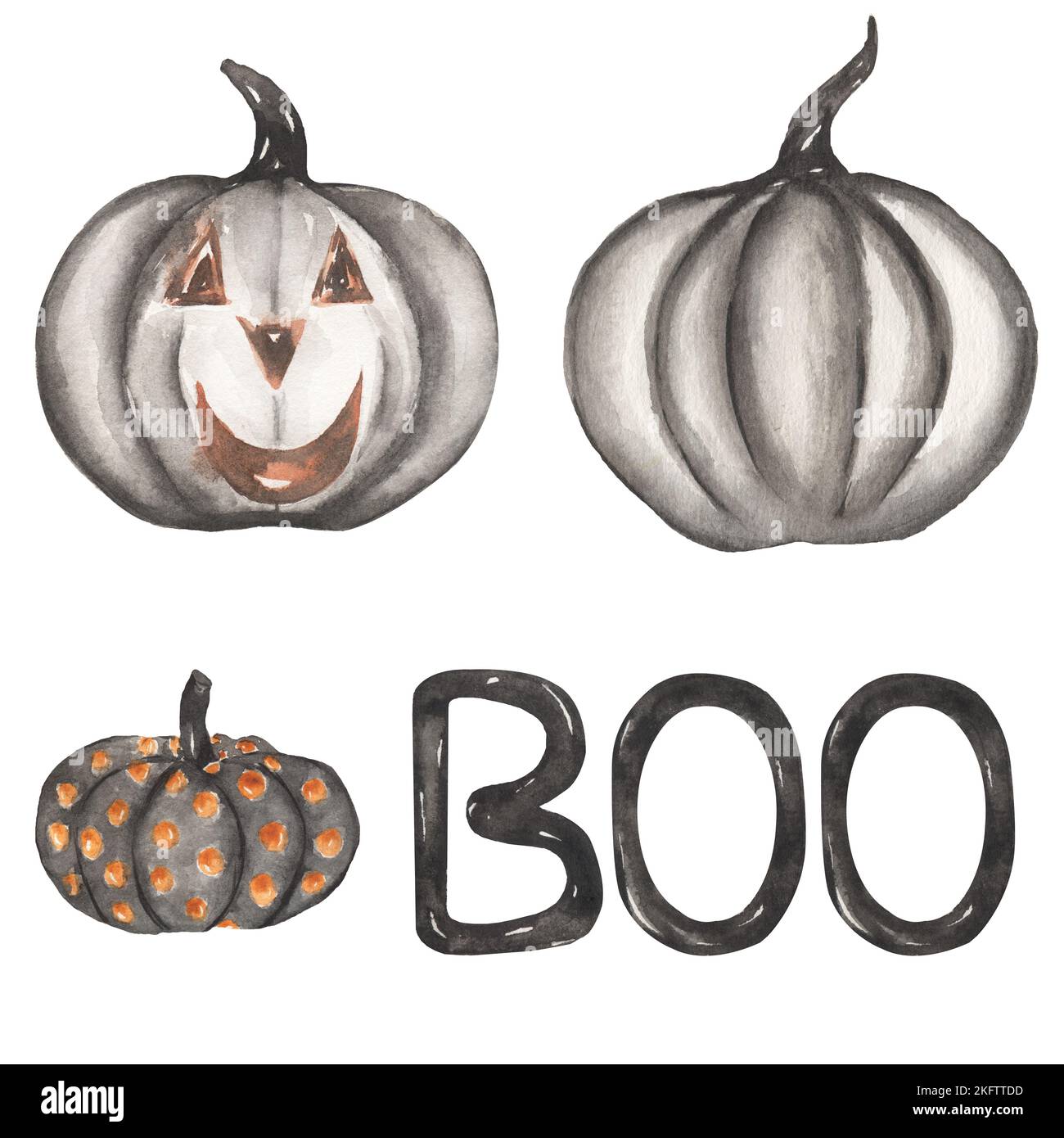 Halloween Cliparts, Aquarell Spooky Illustration Set, Black Pumpkins Clip Art, BOO Briefe, Kids Fall Scary Party Stockfoto