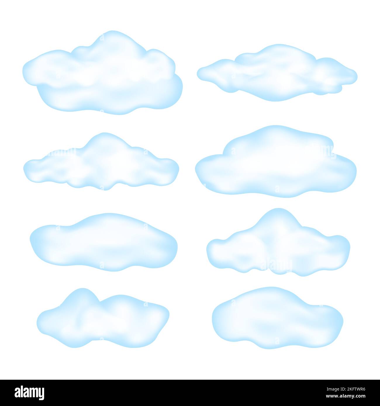 Satz von Cartoon blauen Wolken isoliert auf weißem Hintergrund. Verschiedene realistische Wolken. Vektorgrafik. Stock Vektor