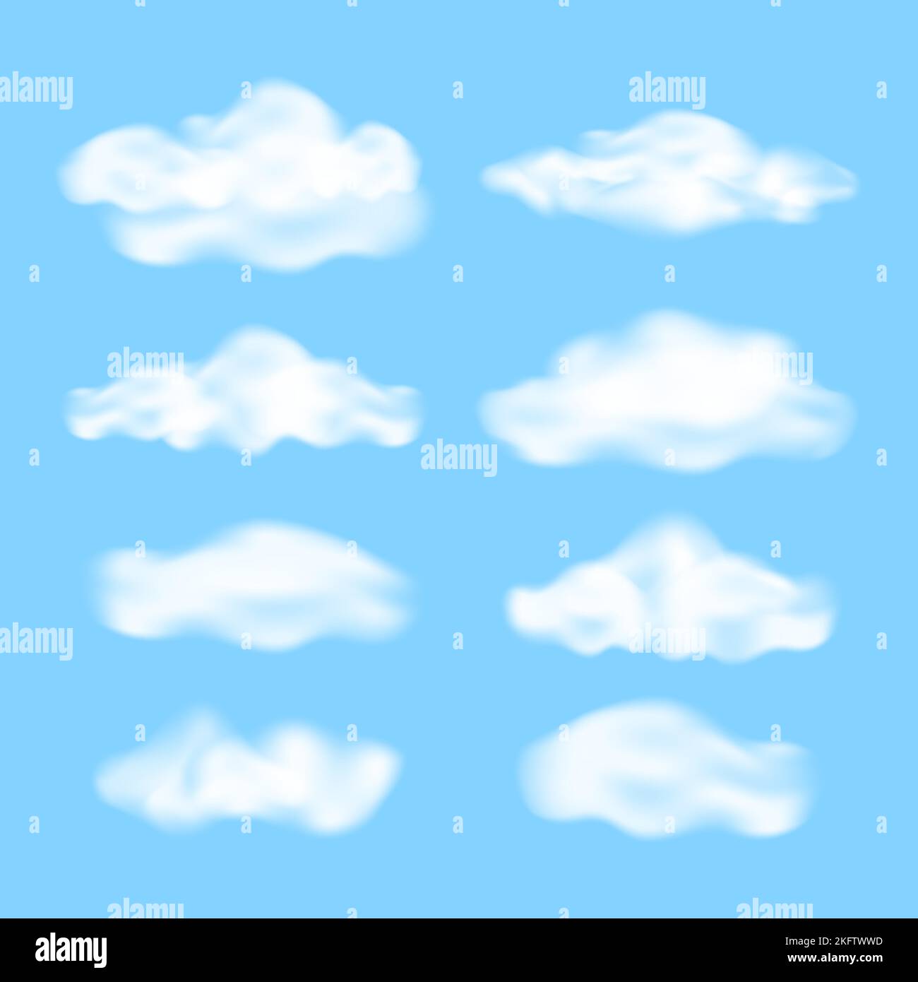 Set aus realistischen, flauschigen Wolken auf blauem Hintergrund. Verschiedene weiße Wolken. Vektorgrafik. Stock Vektor