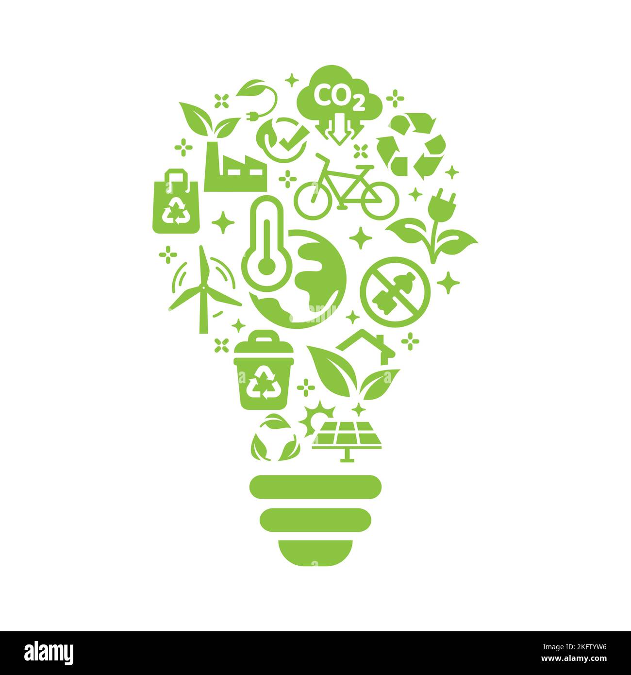 Vektorvorlage für nachhaltige, erneuerbare Ressourcen. Ökologie, globale Erwärmung Umweltsymbole und Symbole in Glühbirnen. Stock Vektor