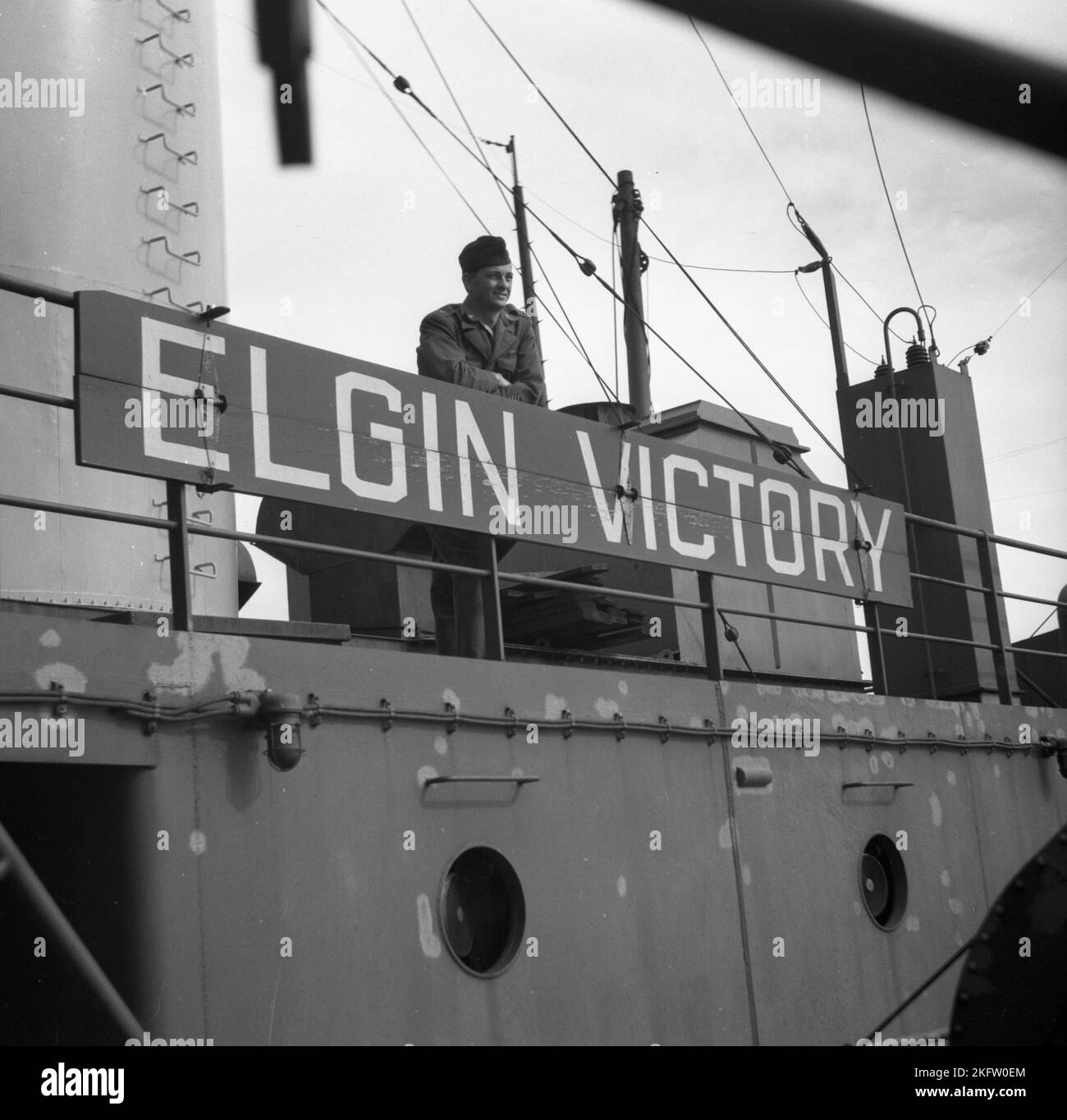 Veteranen der United States Army kommen nach dem Zweiten Weltkrieg auf dem Elgin Victory Schiff nach Hause SS Elgin Victory, ein von Permanente Metals gebautes Schiff vom Typ VC2-S-AP2 Victory Stockfoto