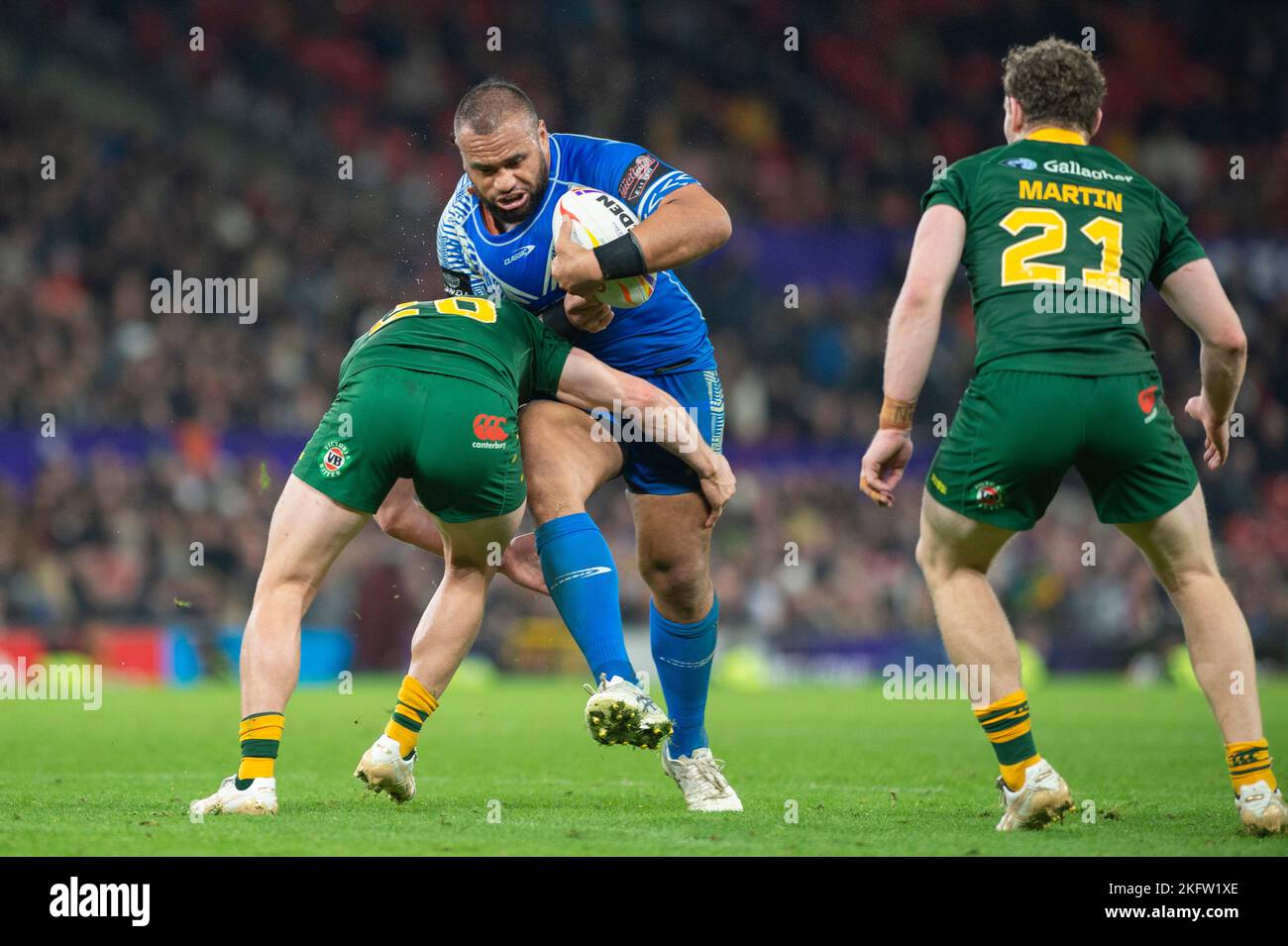 Trafford, Manchester, 19.. November 2022. Samoa Kapitän Junior Paulo während des Rugby League-Weltcup-Finales 2021 zwischen Australien und Samoa in Old Trafford, Manchester am Samstag, 19.. November 2022. (Foto: Trevor Wilkinson | MI News) Credit: MI News & Sport /Alamy Live News Stockfoto