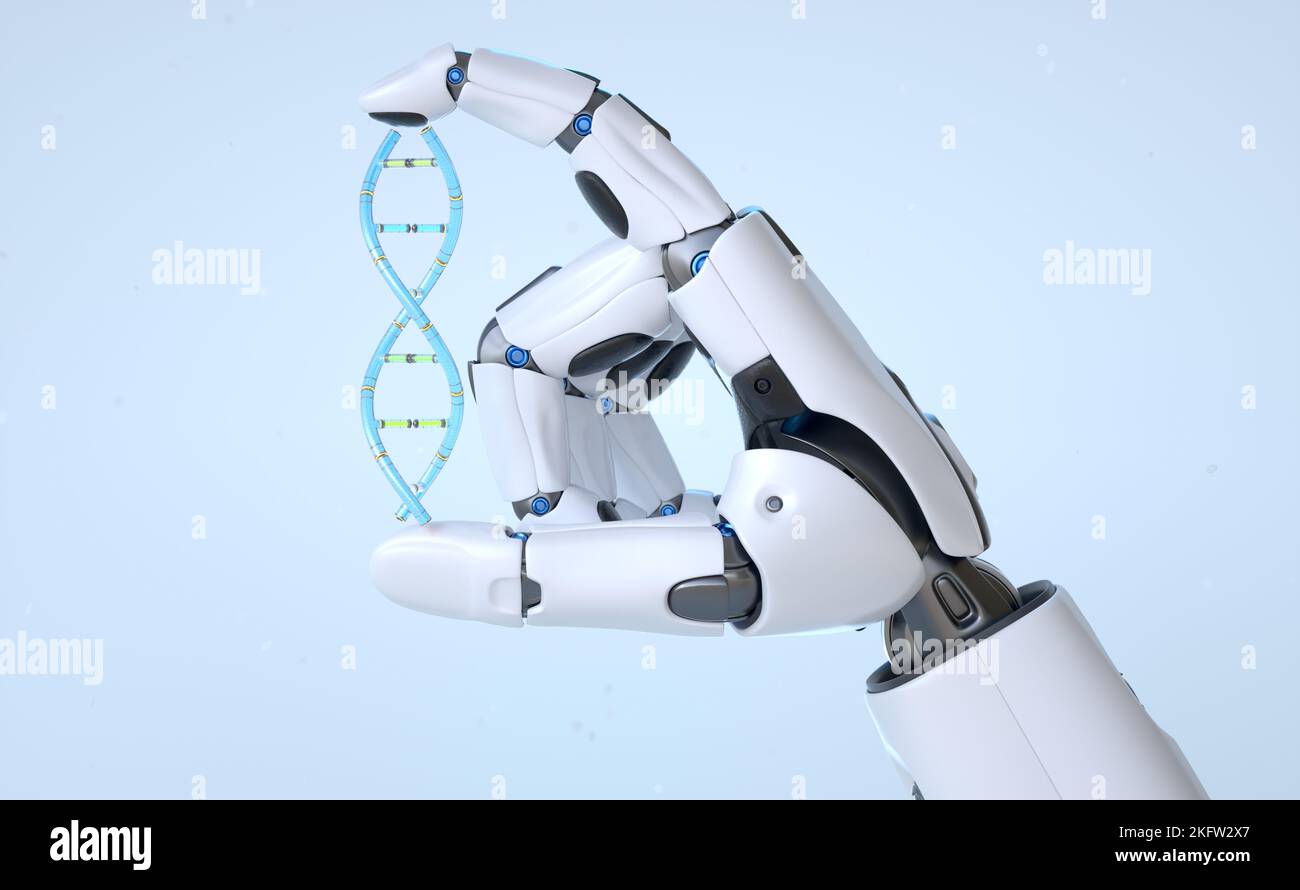 Roboter android Hand hält Cyber DNA. 3D Abbildung Stockfoto