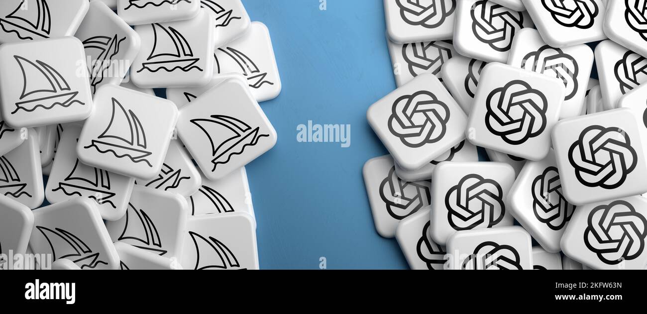 Logos der konkurrierenden ai-Bildgeneratoren MidJourney und OpenAI (DALL-E) auf einem Haufen auf einem Tisch. Stockfoto