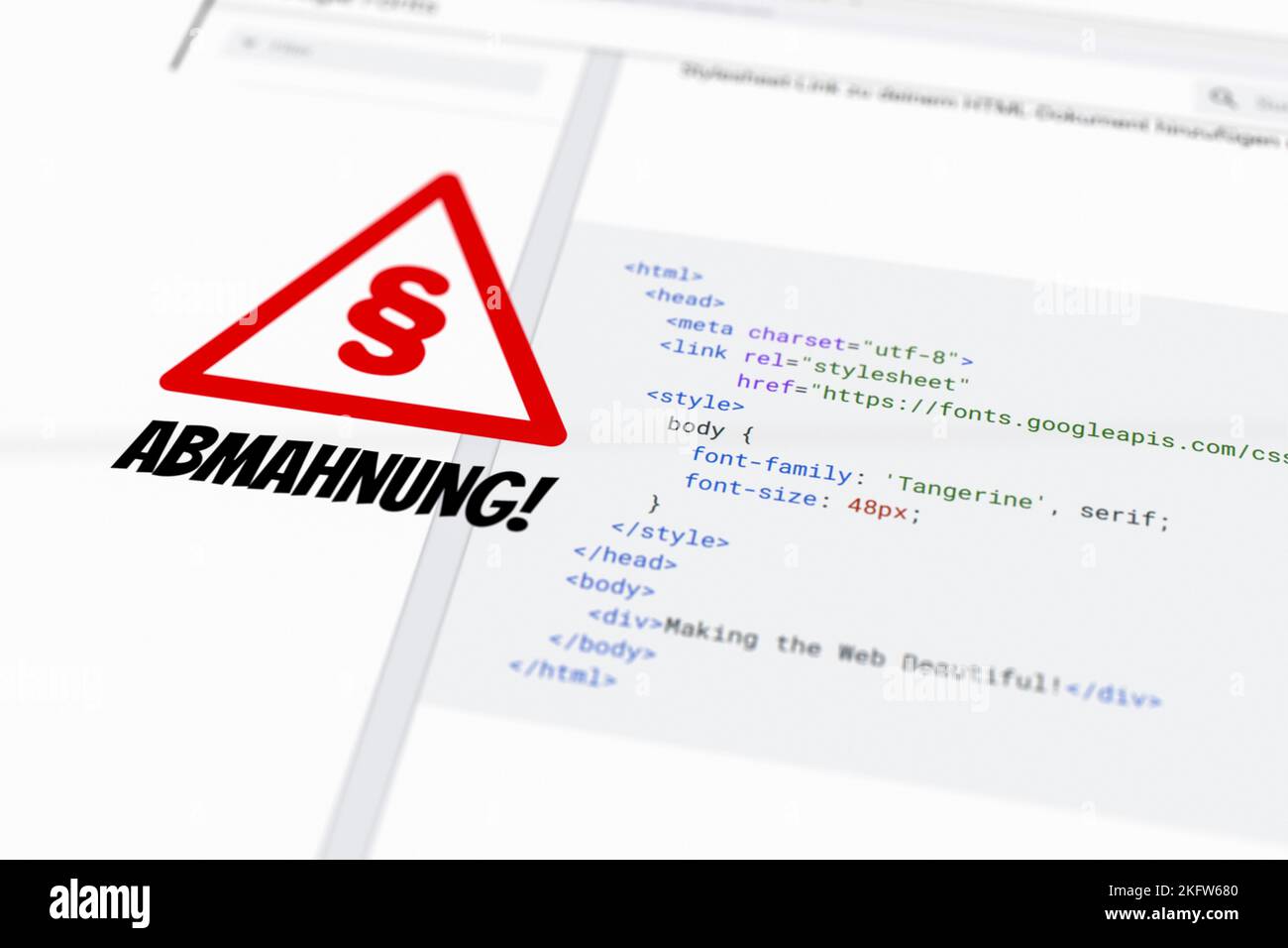 Screenshot von HTML-Code zum Einbetten von Google-Schriftarten. Ein Absatzzeichen und das deutsche Wort 'Abmahnung' oben, weil direkte Einbettung Stockfoto