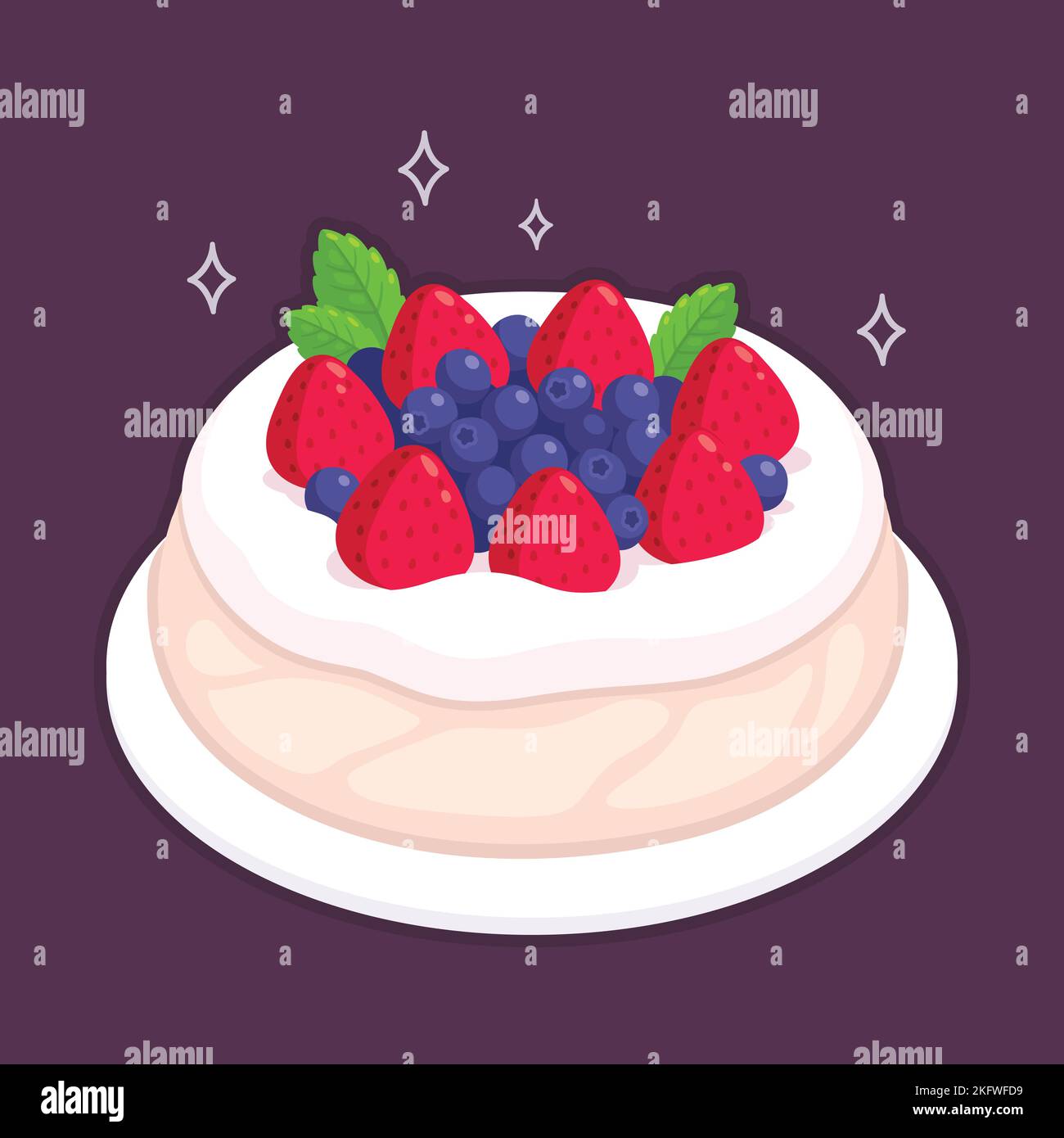 Pavlova, Baiser-Dessert mit Schlagsahne, frischen Erdbeeren und Brombeeren. Traditionelles australisches Gebäck. Cartoon Vektor Clip Art Illustration Stock Vektor