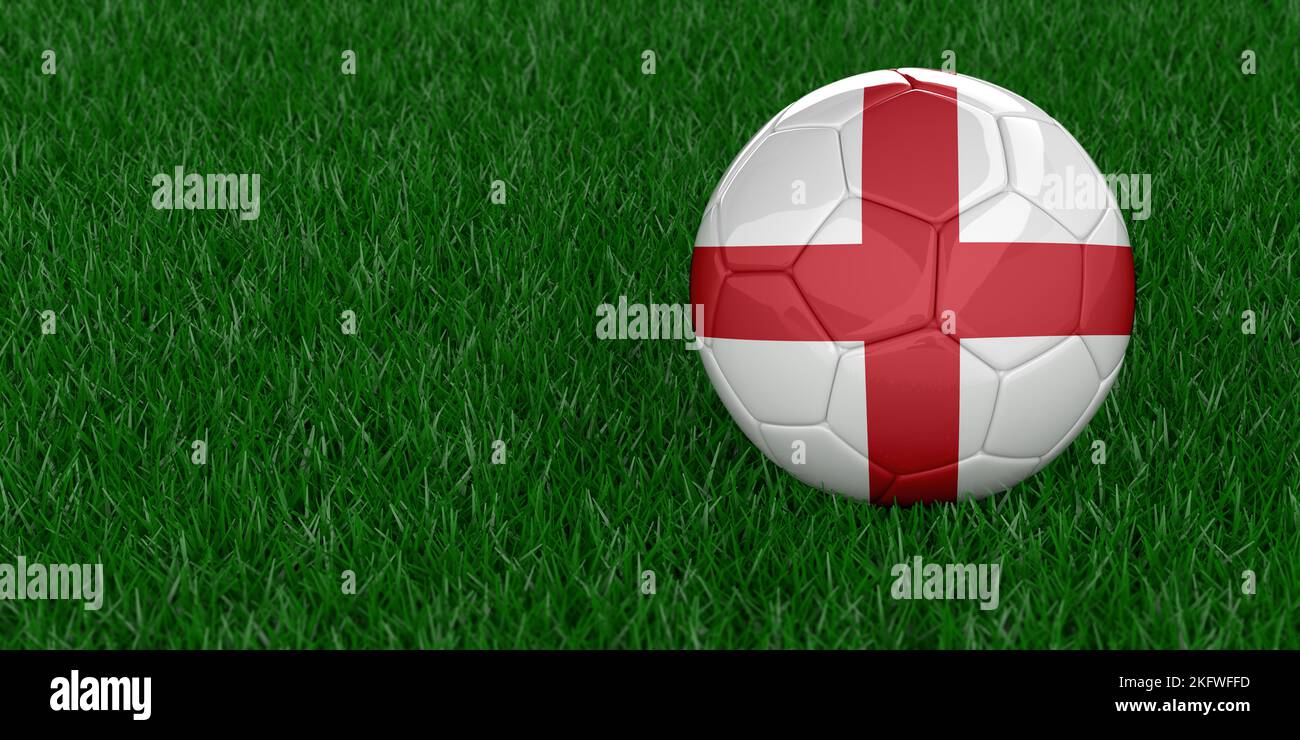 Englischer Nationalfußball mit Landesflaggenmuster. Fußballturnier-Konzept. Sportwetten. Realistischer 3D-Rendering-Grashintergrund, Kopierbereich. Stockfoto