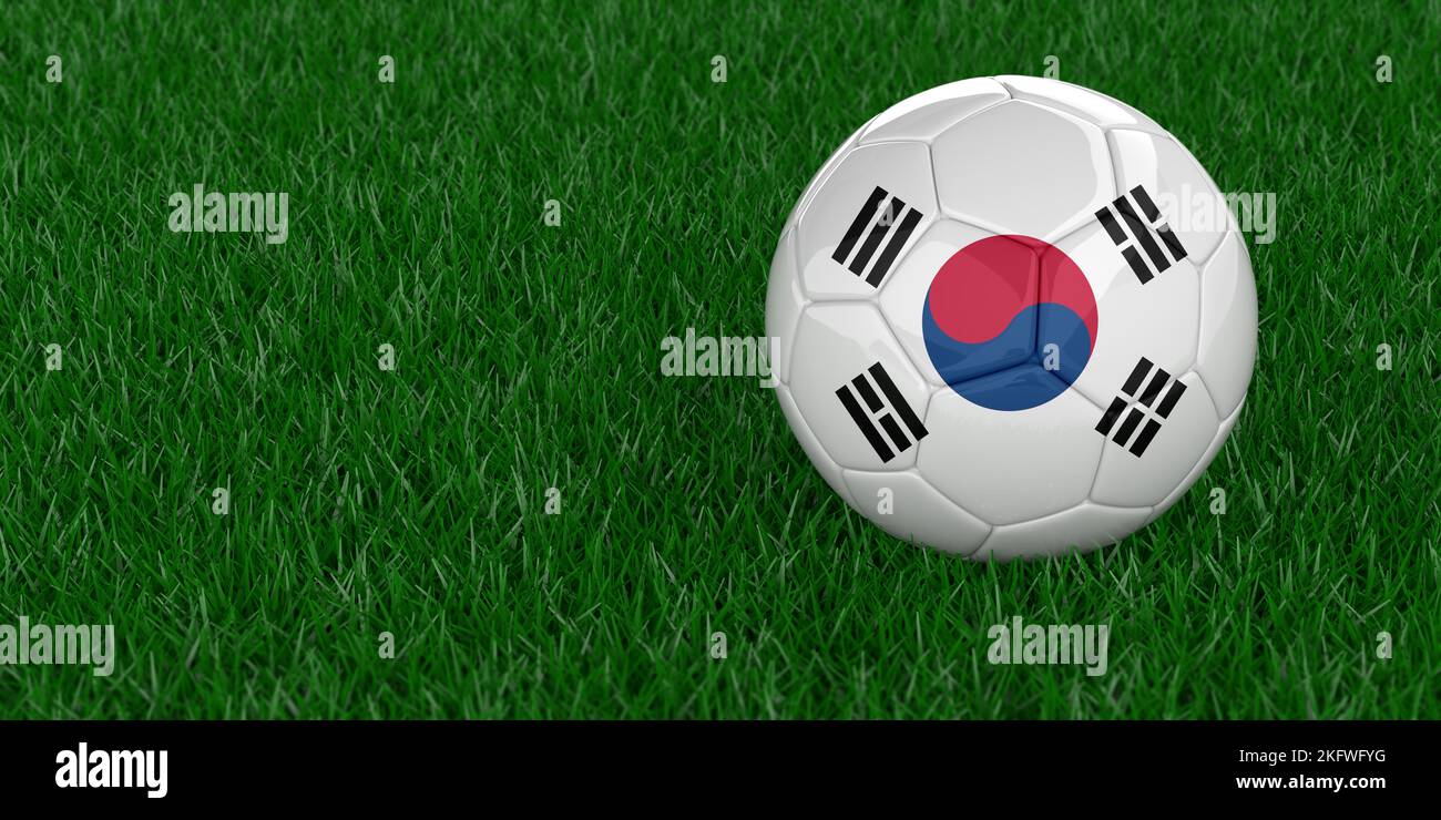Korea Nationalfußball mit Landesflaggenmuster. Weltmeisterschaft 2022, Katar-Fußballturnier-Konzept. Sportwetten. Realistisches 3D-Rendering Stockfoto