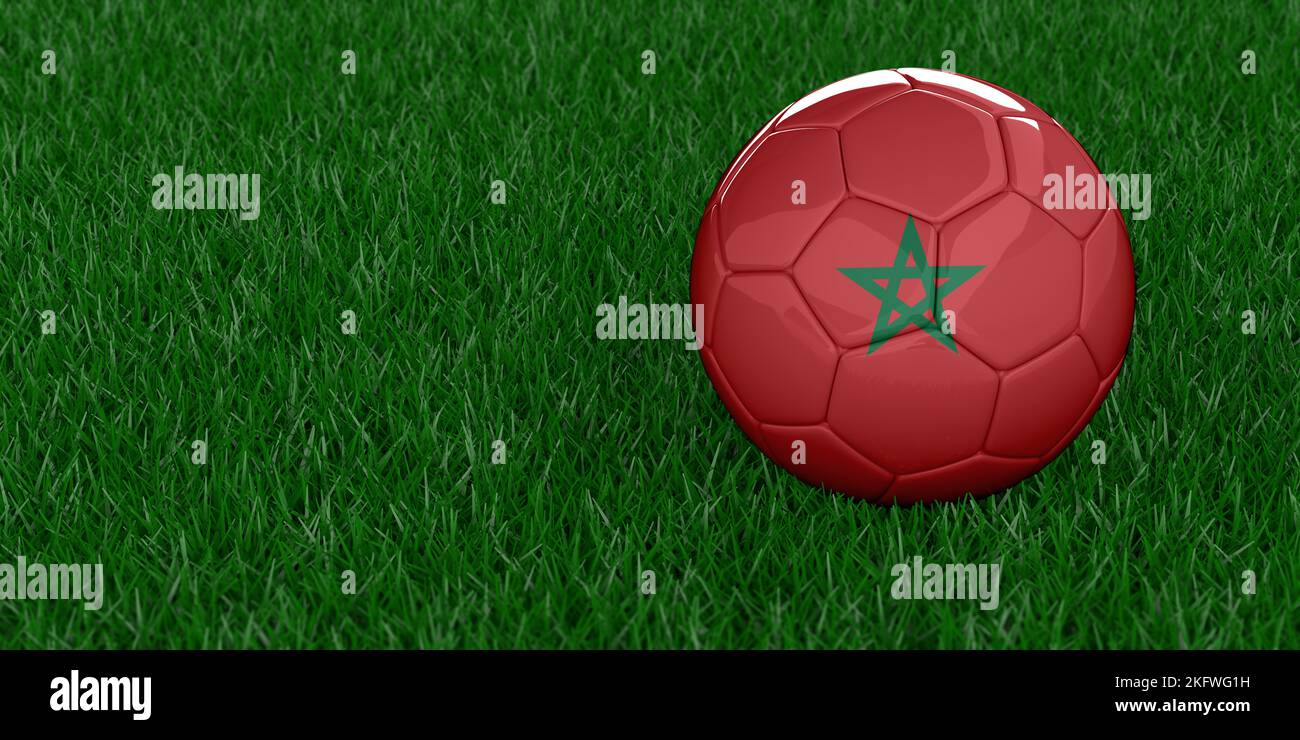 Marokkanischer Nationalfußball mit Landesflaggenmuster. Weltmeisterschaft 2022, Katar-Fußballturnier-Konzept. Sportwetten. Realistisches 3D-Rendering Stockfoto