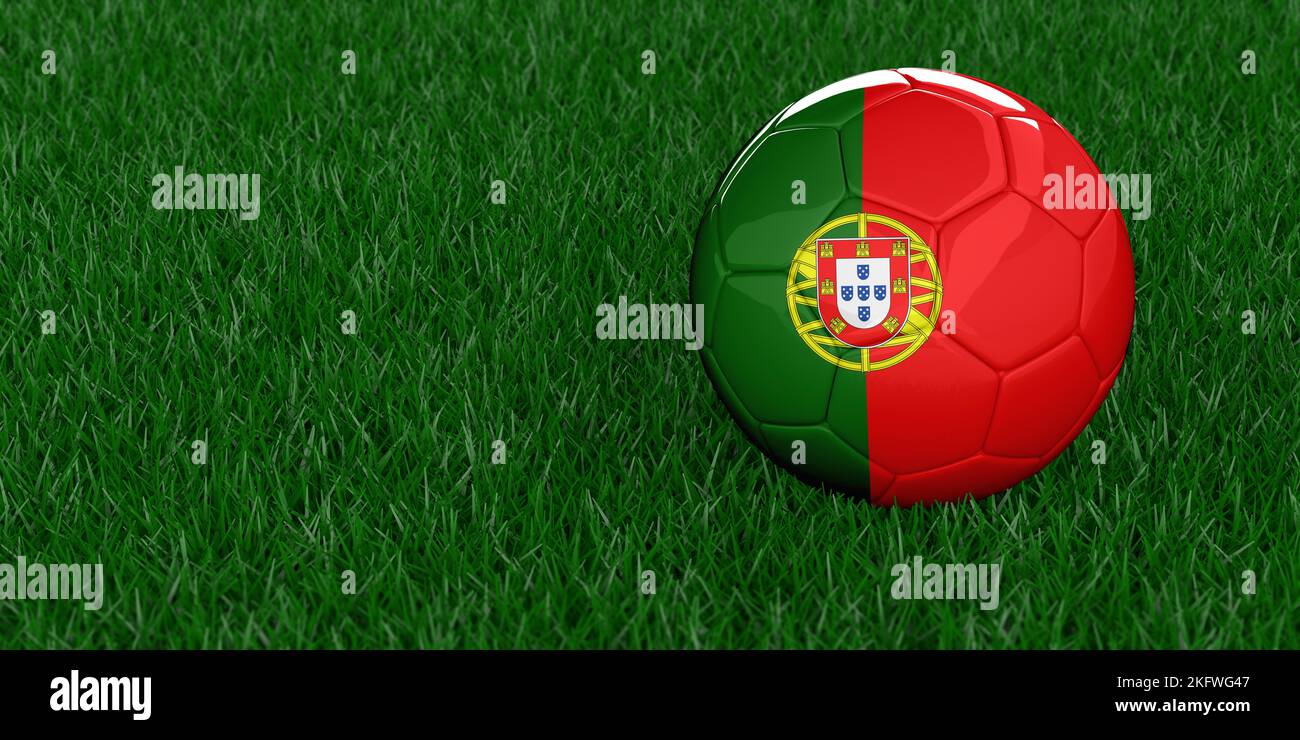 Portugiesischer Nationalfußball mit Landesflaggenmuster. Weltmeisterschaft 2022, Katar-Fußballturnier-Konzept. Sportwetten. Realistisches 3D-Rendering Stockfoto
