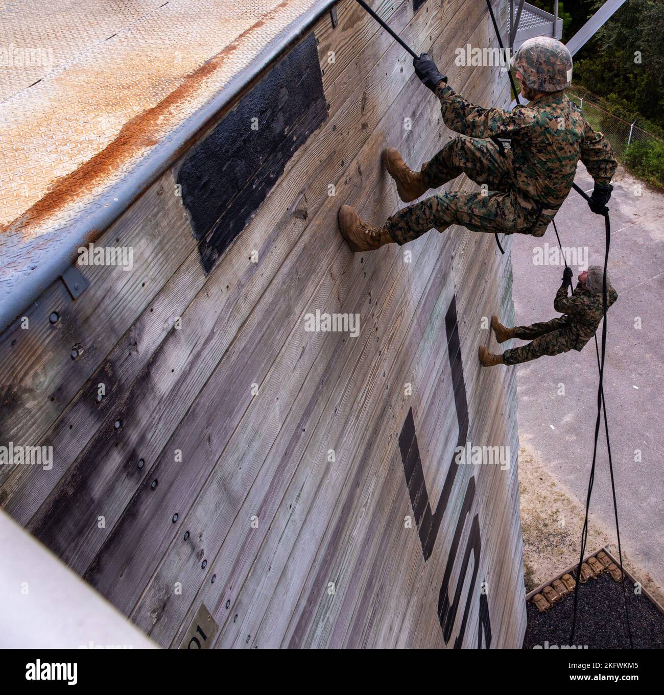 Rekruten von Mike Company, 3. Rekrut Training Bataillon, gehen den Abseilturm am Marine Corps Recruit Depot Parris Island, S.C., 11. Oktober 2022 hinunter. Der 47 Meter hohe Abseilen-Turm hilft Rekruten, ihre Höhenangst zu überwinden. (USA Marine Corps Fotos von Lance CPL. Michelle Brudnicki) Stockfoto