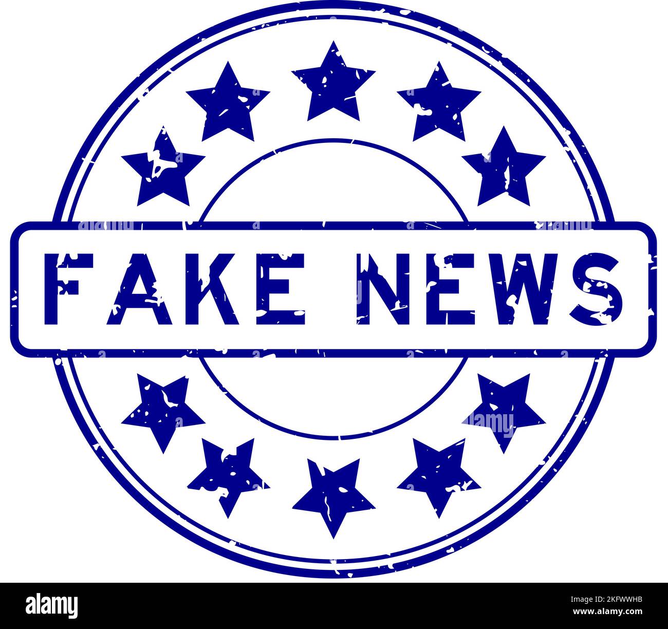 Grunge blaues Fake News Wort mit Stern-Symbol rund Gummi-Siegel-Stempel auf weißem Hintergrund Stock Vektor