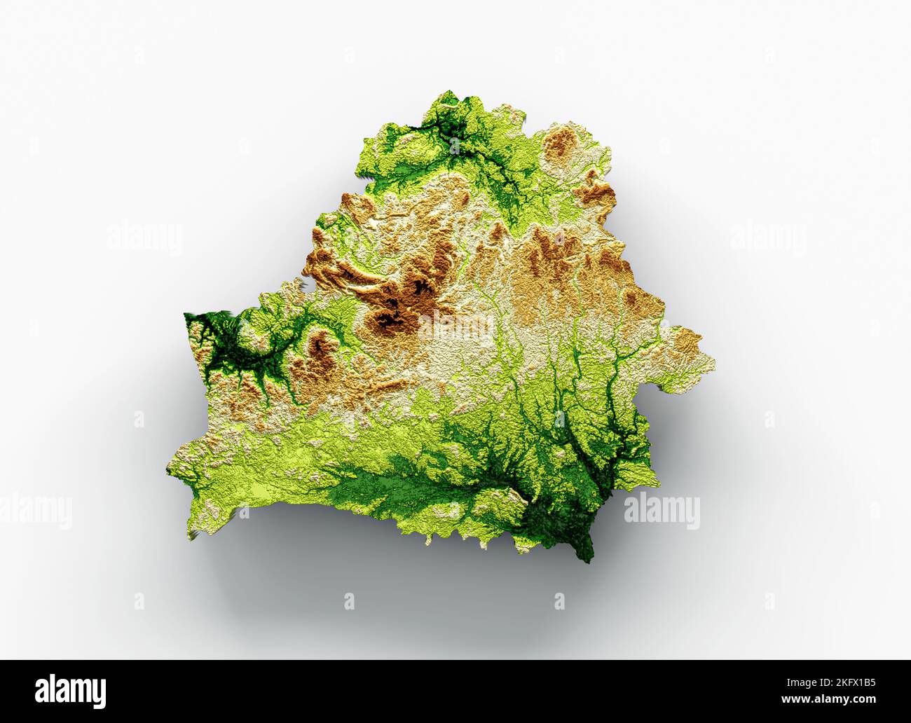 Eine Abbildung der Weißrussland-Karte aus dem jahr 3D mit schattiertem Relief auf weißem Hintergrund Stockfoto