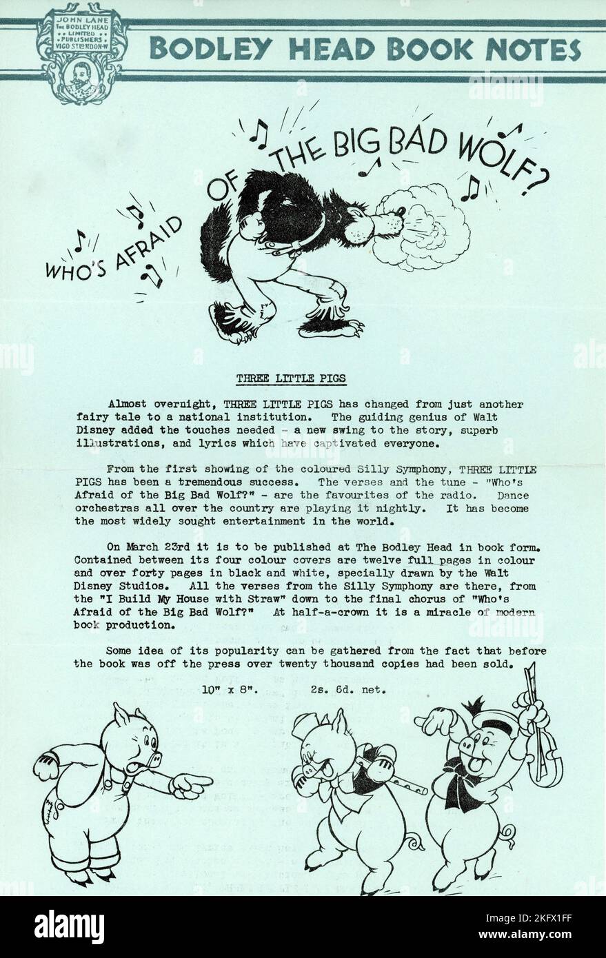 Ankündigungsflyer / Brief des britischen Buchverlags THE BODLEY HEAD, der die Veröffentlichung am 23. 1934. März in Buchform des Cartoon Short WALT DISNEYS THREE LITTLE PIGS 1933 Director BURT GILLETT Walt Disney Productions / United Artists ankündigt Stockfoto