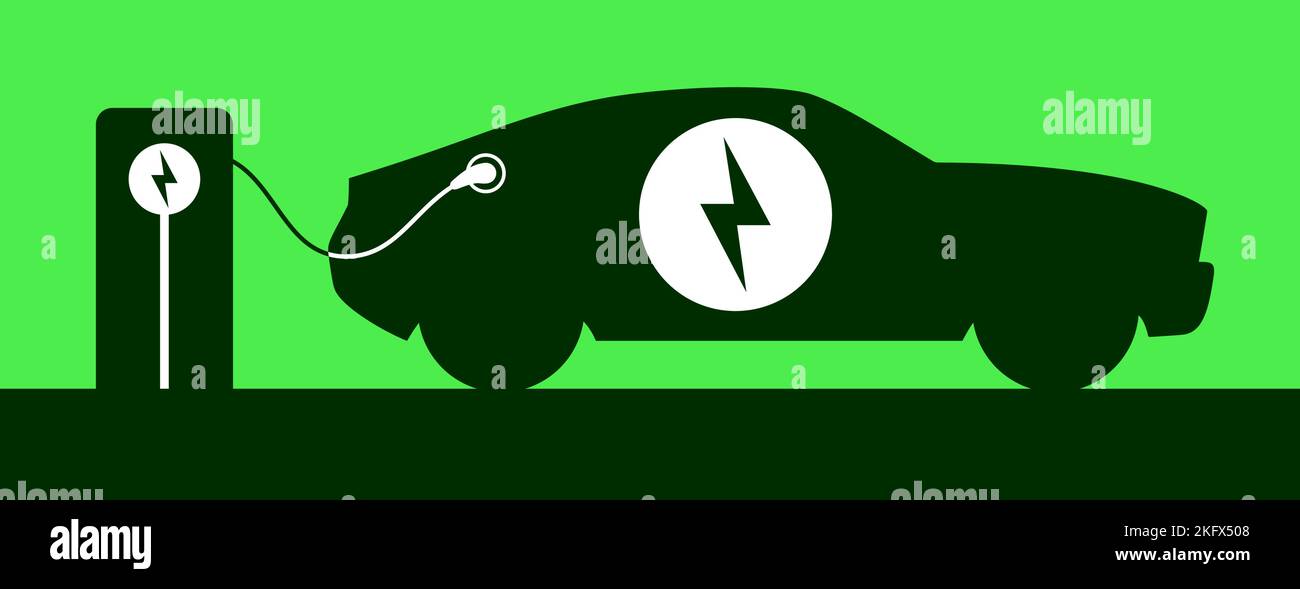 Elektroauto laden auf der Station flach Stil Silhouette Vektor-Illustration. Grüner Hybrid-EV-Sportwagen mit Spannungssymbol, der eine Batterie füllt. Stock Vektor