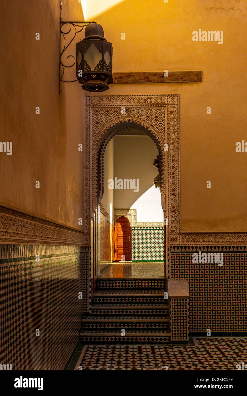 Mausoleum von Moulay Ismail in Meknes, einer der imperialen Städte Marokkos. Stockfoto