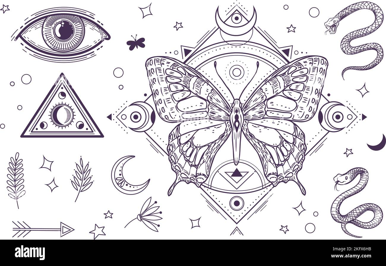 Mystische magische Elemente. Tattoo Grafikdesign, magisches Auge und Dreieck, Schlangen und Mond. Linie Vektor Boho Stil Sammlung Stock Vektor