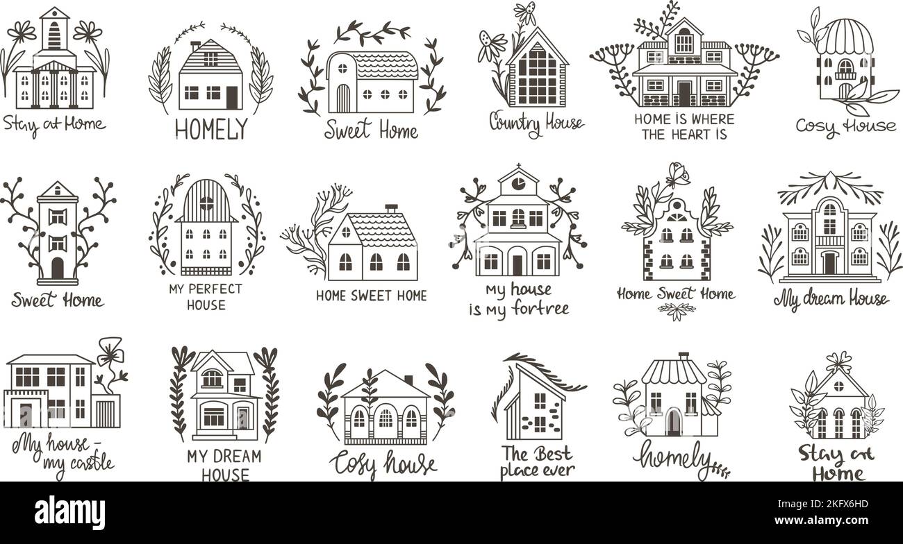 Doodle Homes Grafiklogo. Cottage Vintage-Stil mit Pflanzen, winzigen handgezeichneten Häusern. Dorfgebäude, Architektur Naturelemente. Neoterisch niedlich Stock Vektor