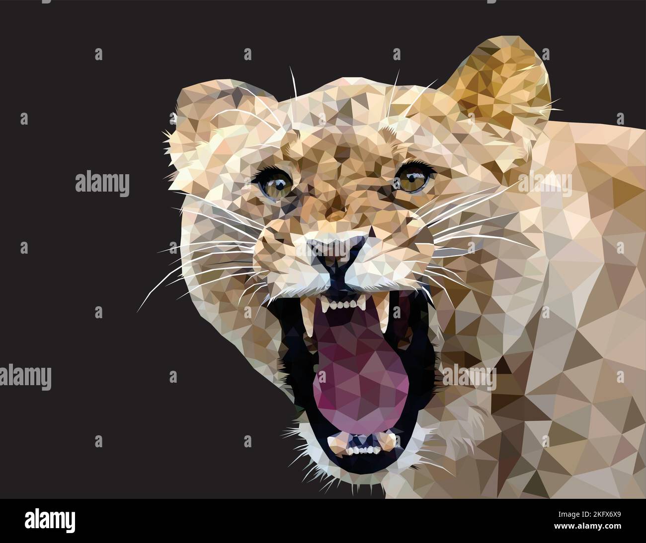 Low-Poly-Vektor-Kunst der Löwen brüllen Illustration auf schwarzem Hintergrund Stock Vektor