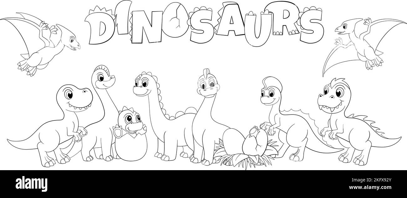 Niedliche Cartoon Dinosaurier Gruppe, Linie Dinos Familie und Dinosaurier-Schriftzug. Färbung kindisch Phantasie Bild, lustige Vektor-Dinosaurier prähistorischen Charakter Stock Vektor