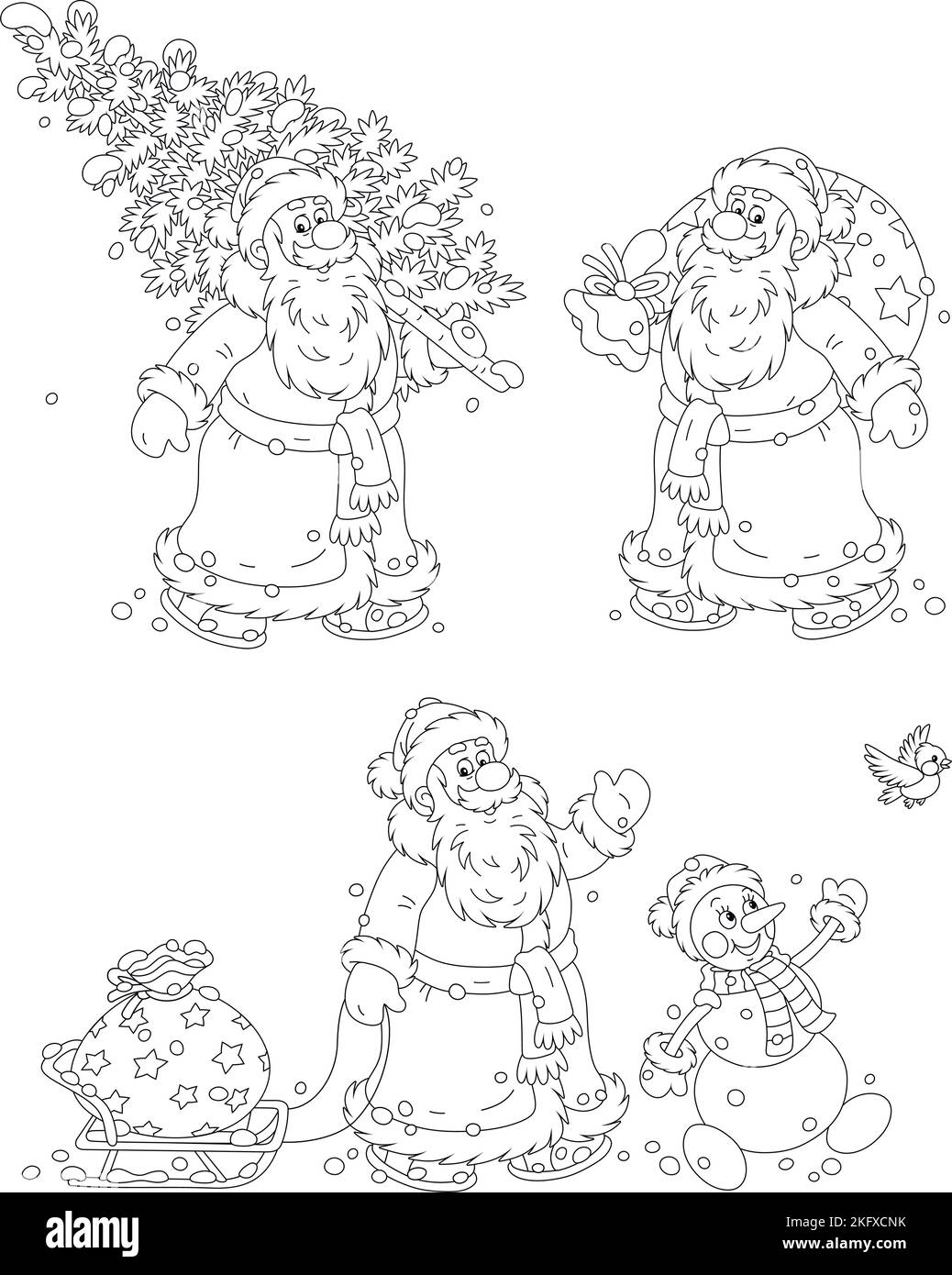 Vector schwarz-weiß Cartoon-Set mit Weihnachtsmann, ein lustiges Spielzeug Schneemann, eine magische Tasche von Weihnachtsgeschenken für kleine Kinder und einen kleinen Weihnachtsbaum Stock Vektor